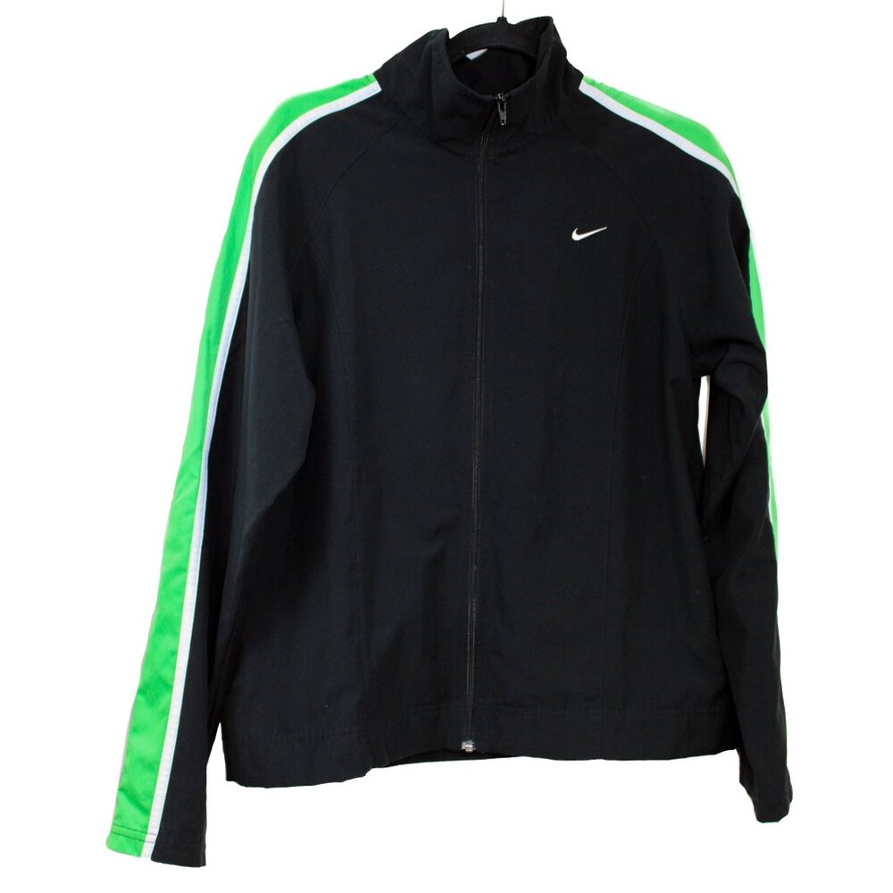 NIKE Womens Medium Black Green Stripe Track Jacket Colorblock Swoosh Logo Pocket